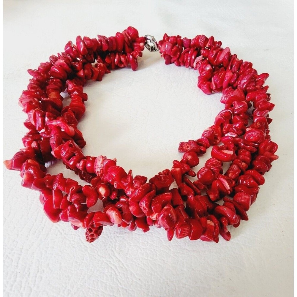 VINTAGE OXBLOOD RED CORAL MULTI 4 STRAND CHUNKY NECKLACE